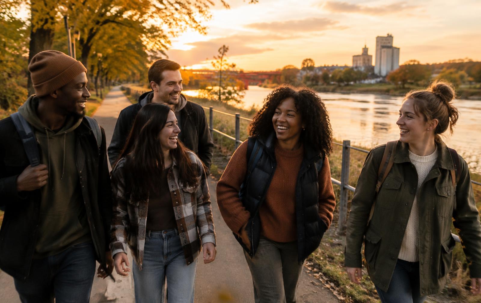 Friends walking together along the river at sunset